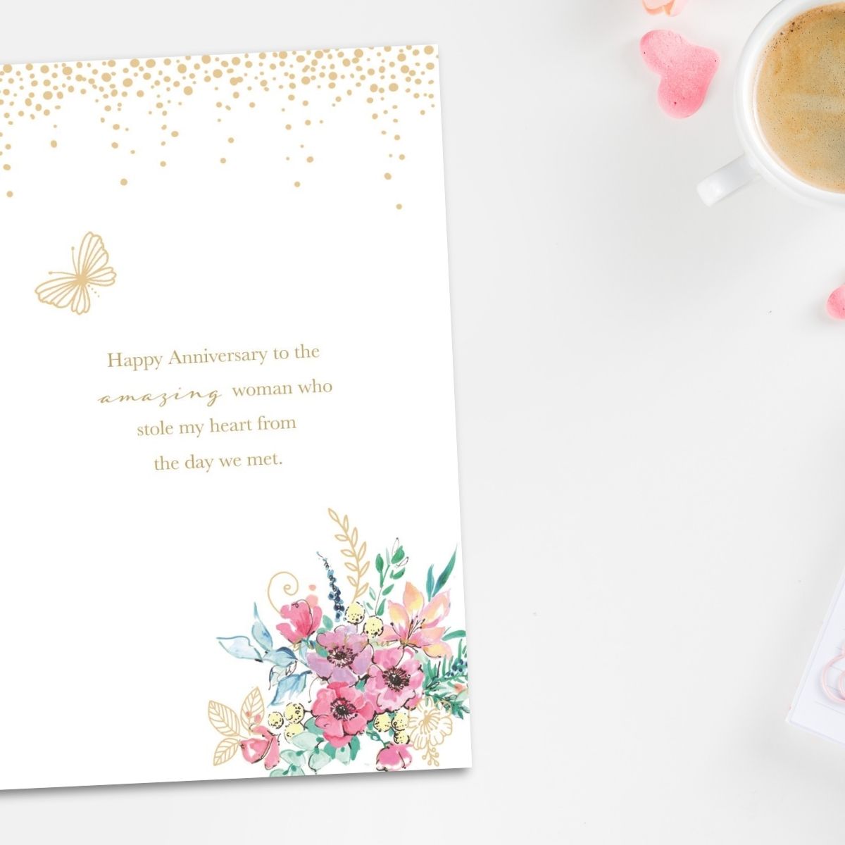 Wife Anniversary Card - Beautiful Heart & Floral Border