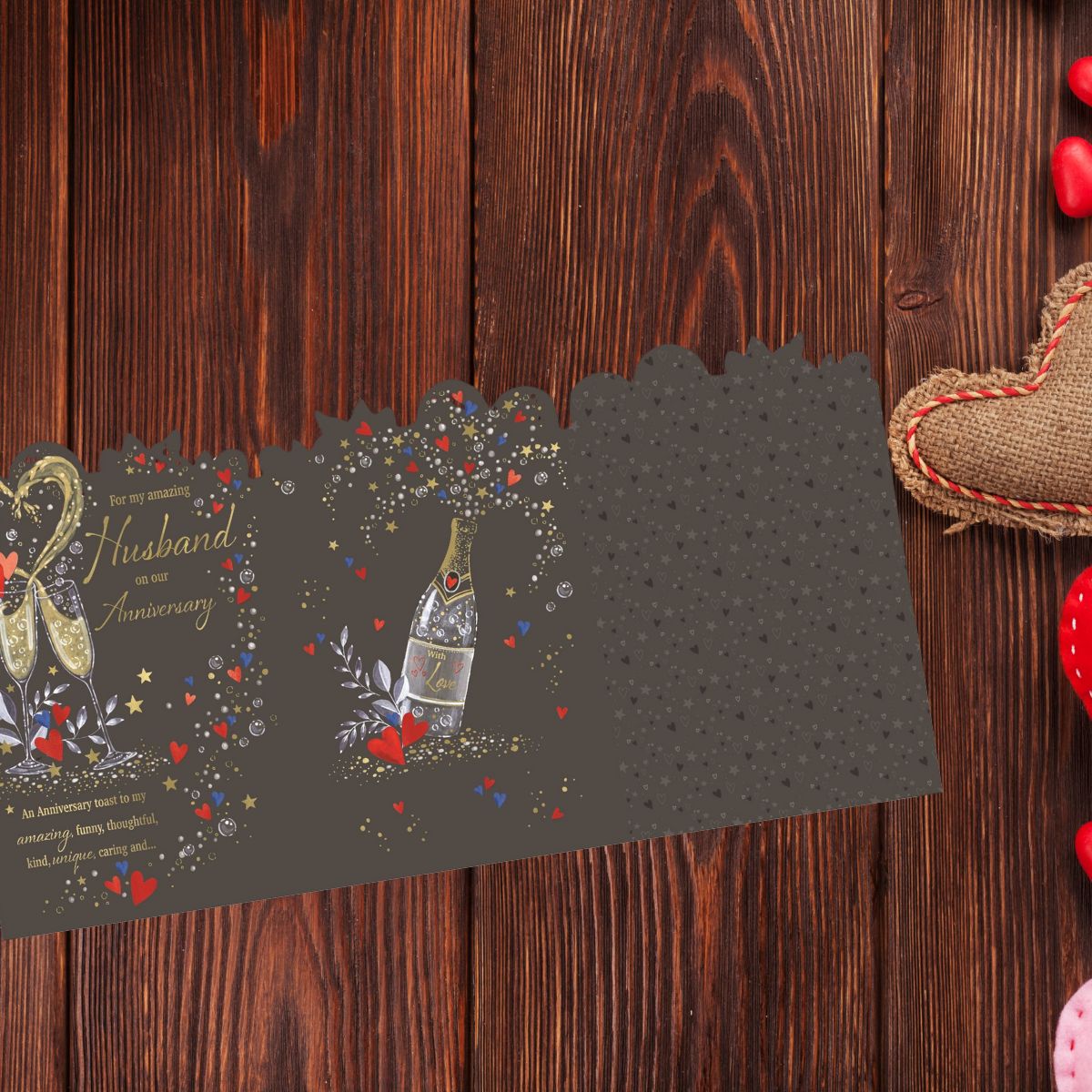 Husband Anniversary Card - Large Luxury Heart Flutes