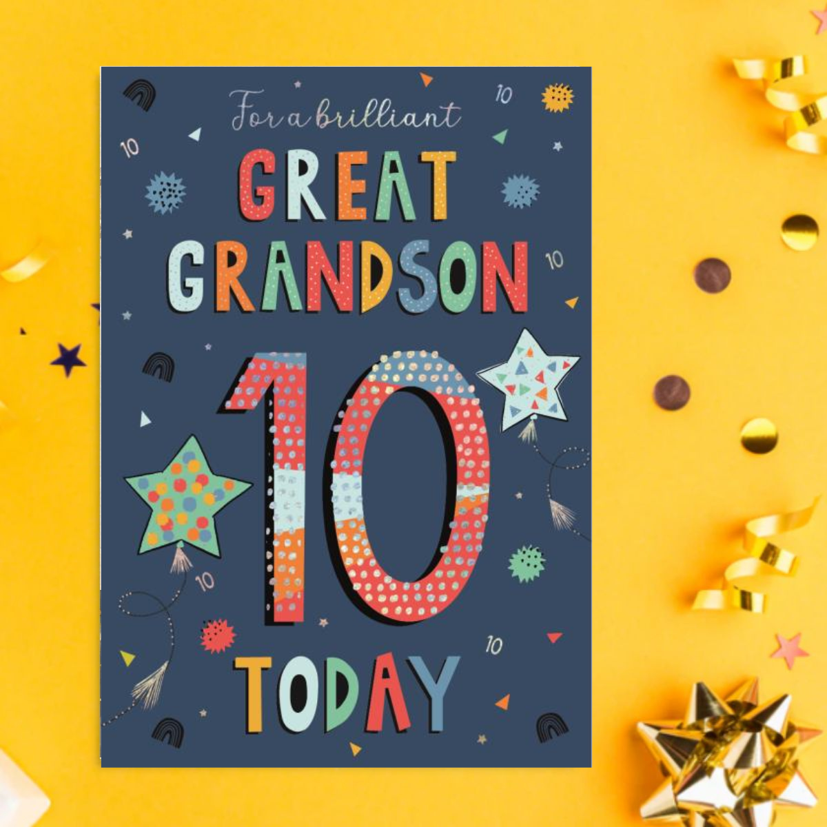 Great Grandson 10th Birthday Card - Colourful Stars