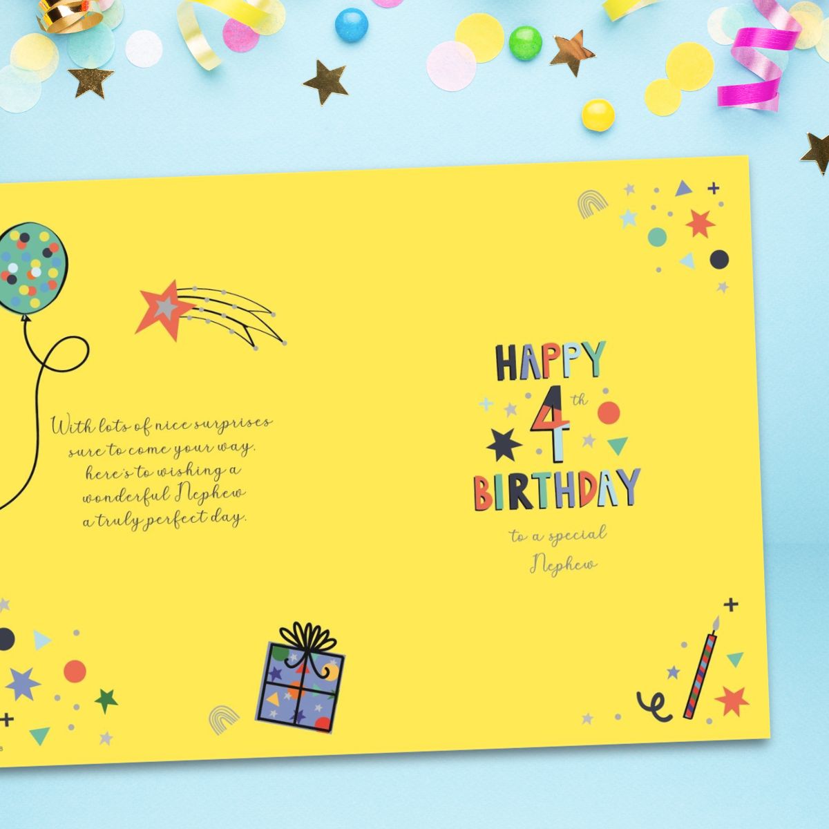 Nephew 4th Birthday Card - Balloons & Gifts