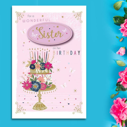 Sister Birthday Card - Large Pavillion Floral Cake