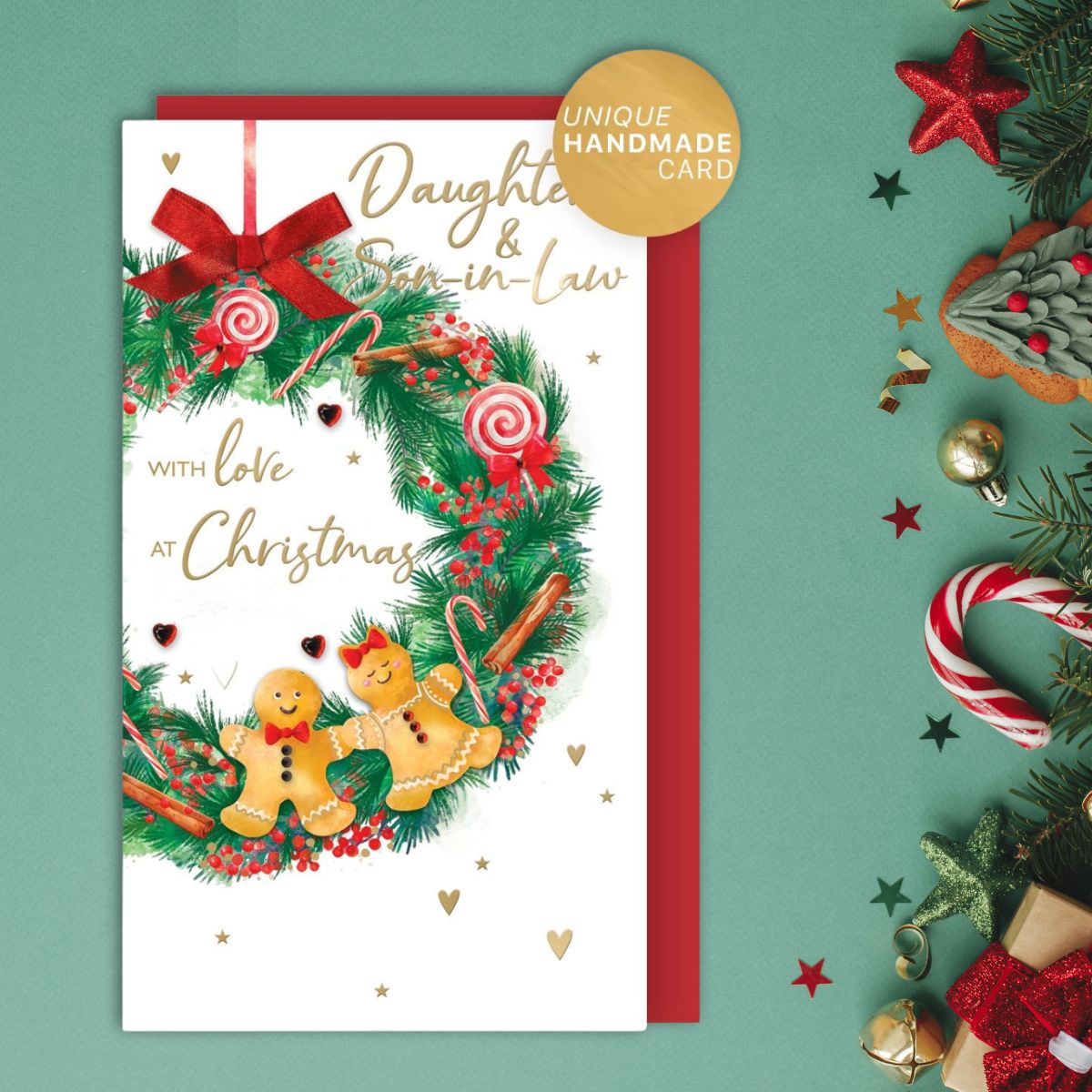 Daughter & Son-In-Law Christmas Card - Gingerbread Wreath Embellished