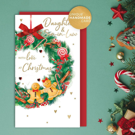 Daughter & Son-In-Law Christmas Card - Gingerbread Wreath Embellished
