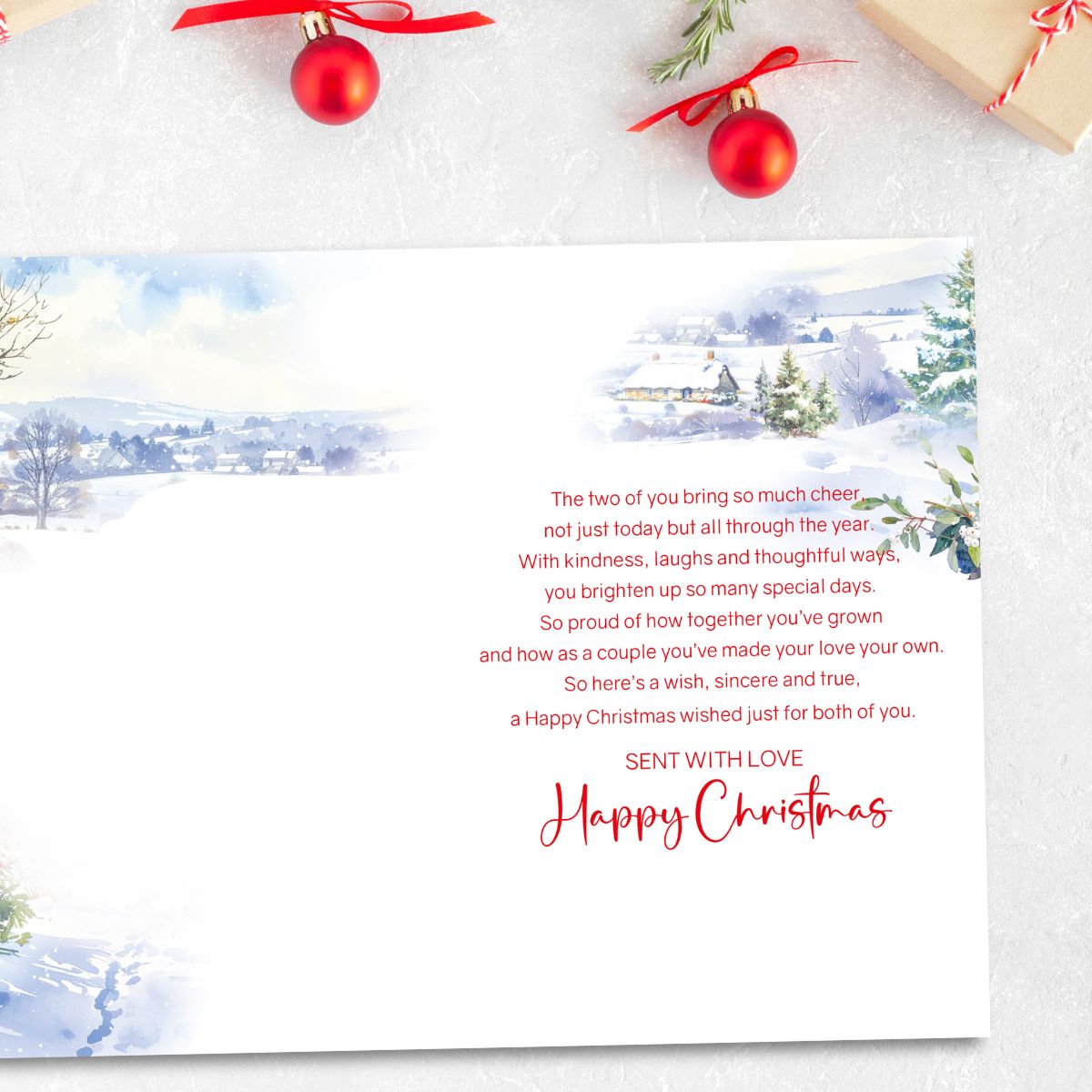 Son & Fiancée Christmas Card - Snowy Bench Embrace