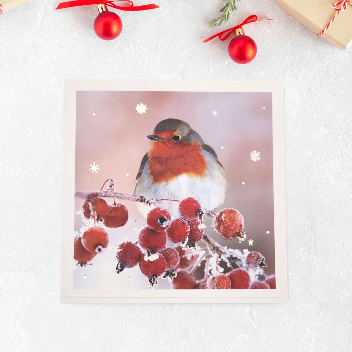 8 x Christmas Cards In Box - Photographic Robin & Berries