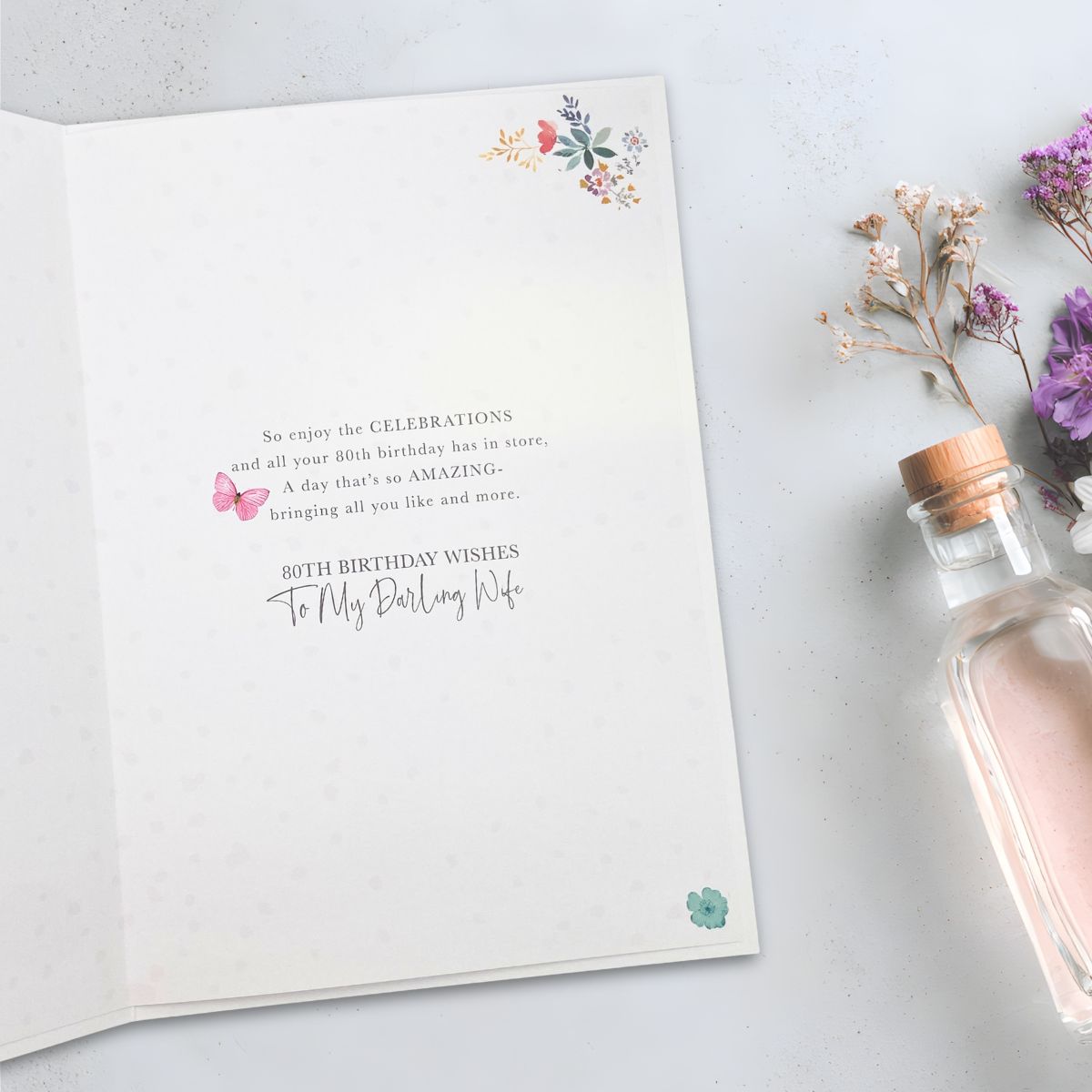 Wife 80th Birthday Card - Birthday Chocs & Flowers