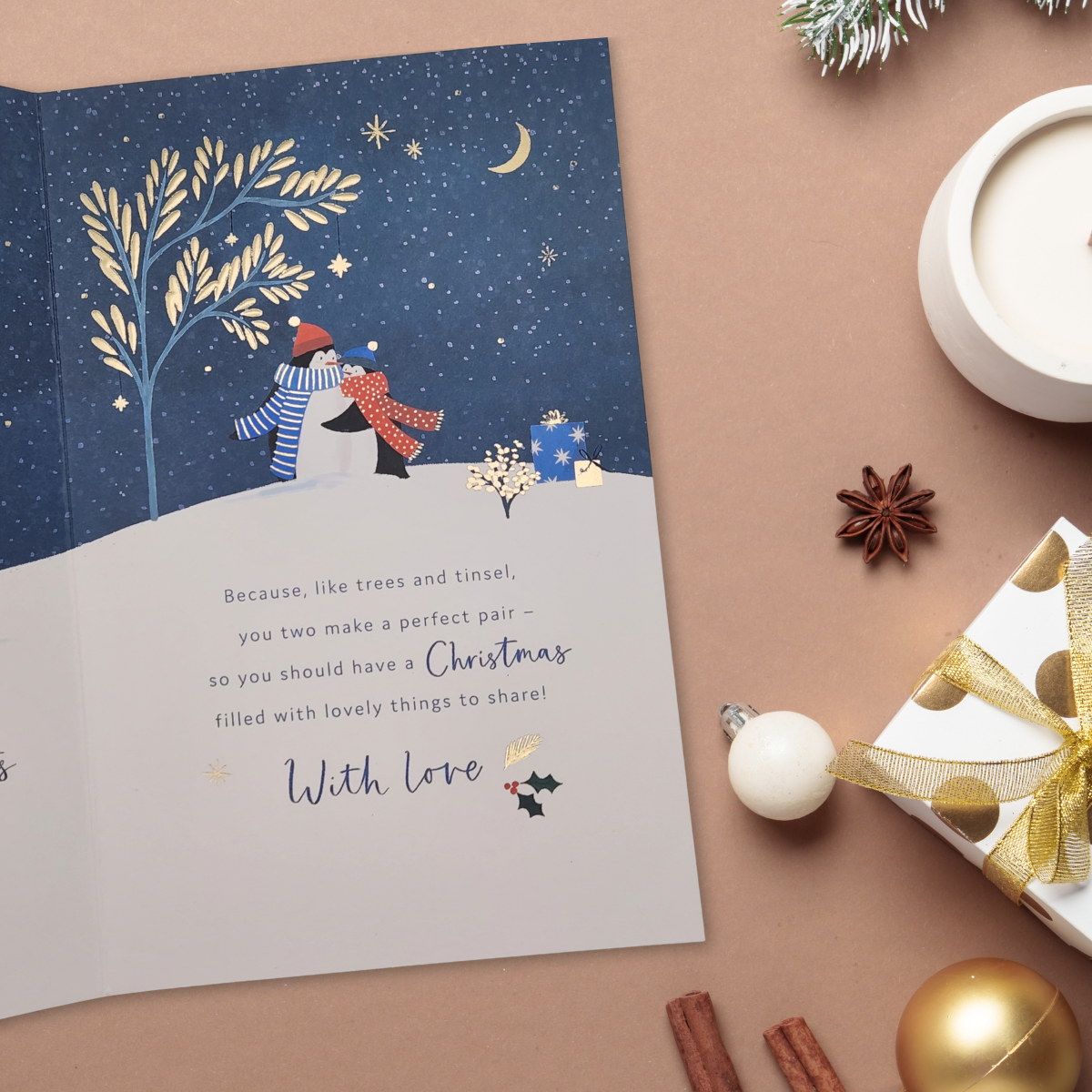 Brother & Sister-in-Law Christmas Card - Penguins Decorating The Tree