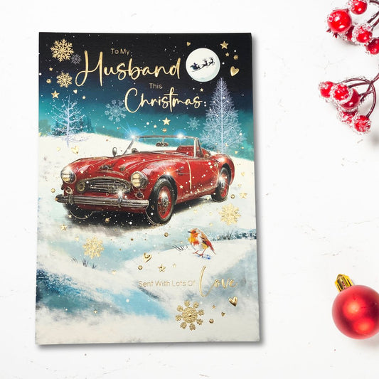 Husband Large Christmas Card - Grace Red Car & Robin