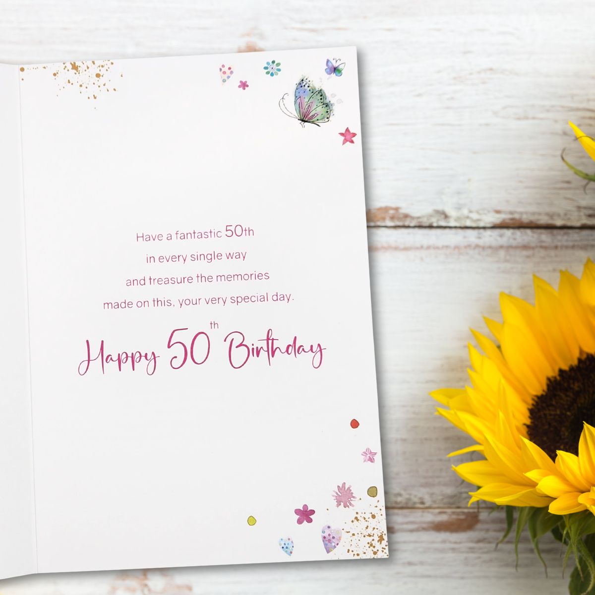 Friend 50th Birthday Card - Carnival Flower & Butterflies