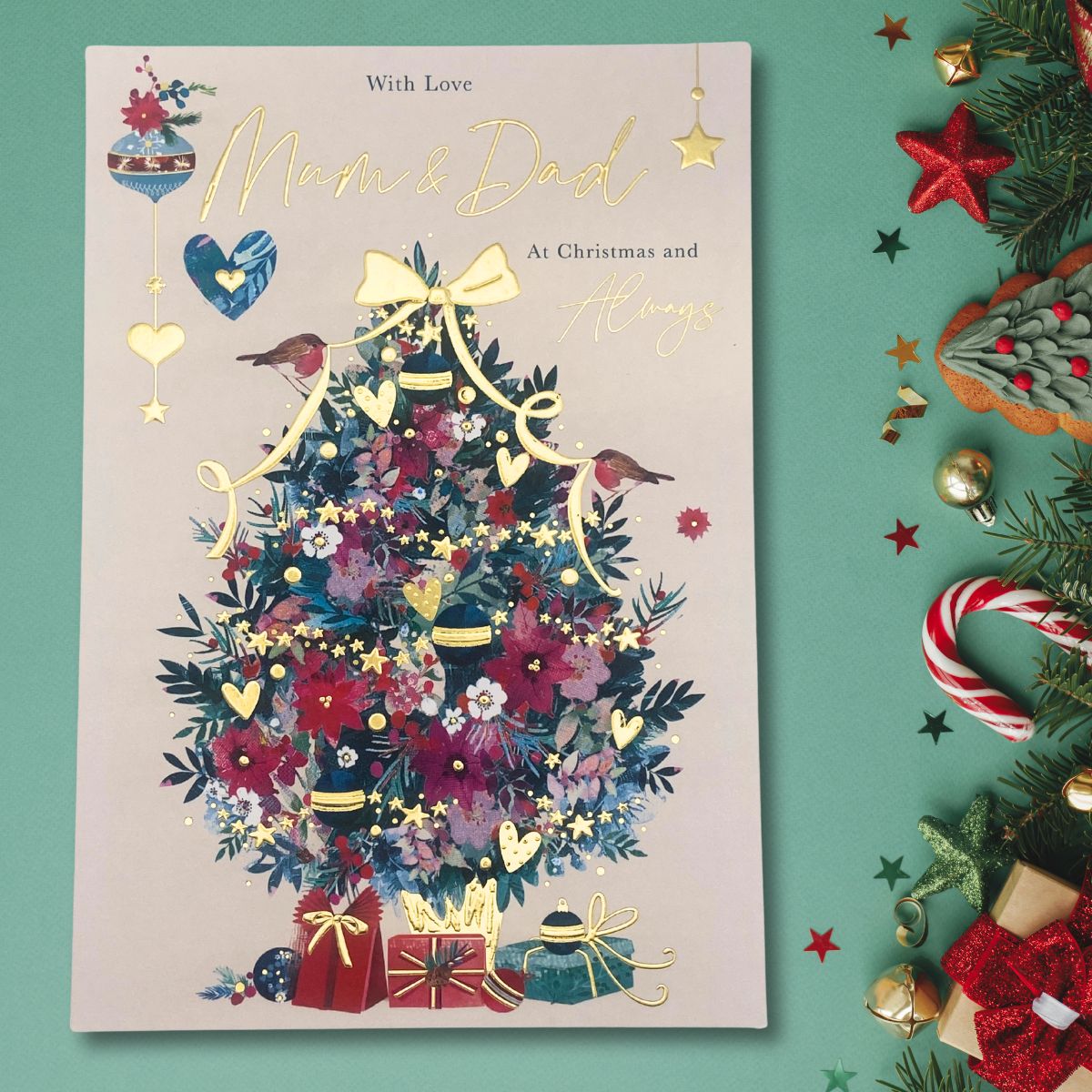 Mum & Dad Christmas Card - Robins Decorating Tree