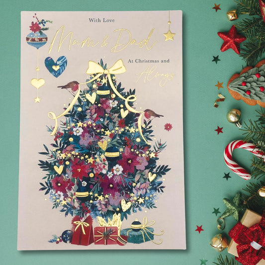 Mum & Dad Christmas Card - Robins Decorating Tree