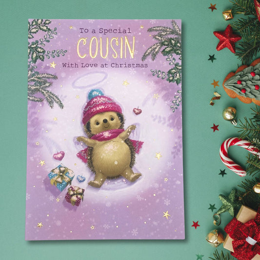 Cousin Christmas Card - Hartley Hedgehog Lilac