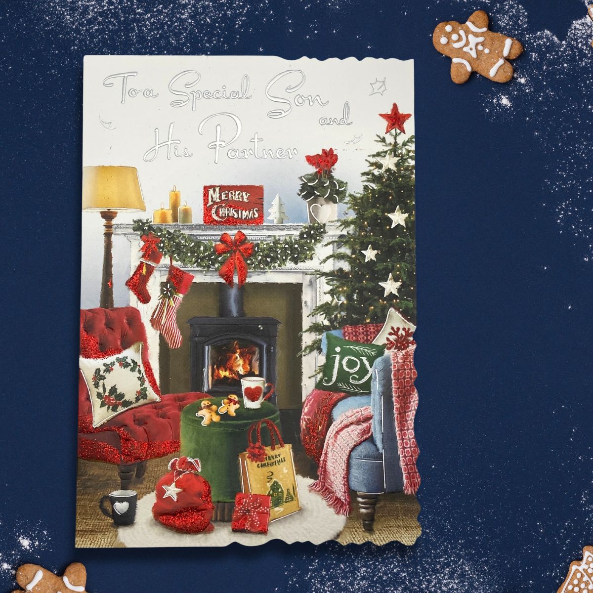 Son & Partner Christmas Card - Velvet Festive Fireplace