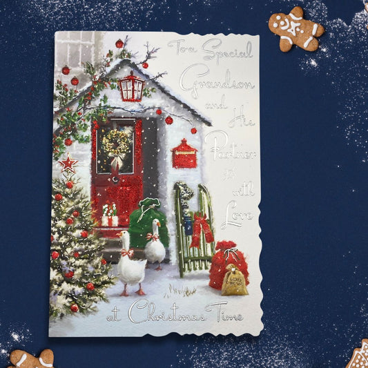 Grandson & Partner Christmas Card - Velvet Geese