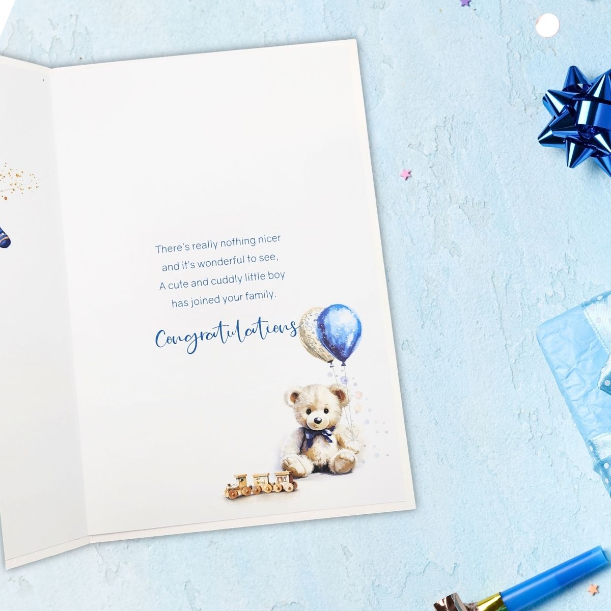 Baby Boy Card - Baby Grow & Teddy