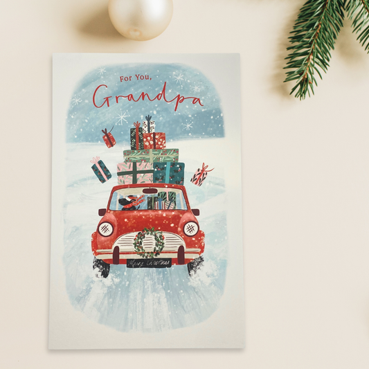 Grandpa Christmas Card - Car Bearing Gifts