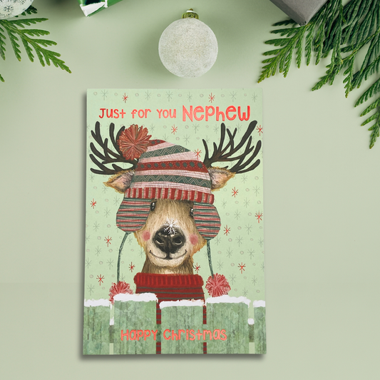 Nephew Christmas Card - Woolly Hat Reindeer