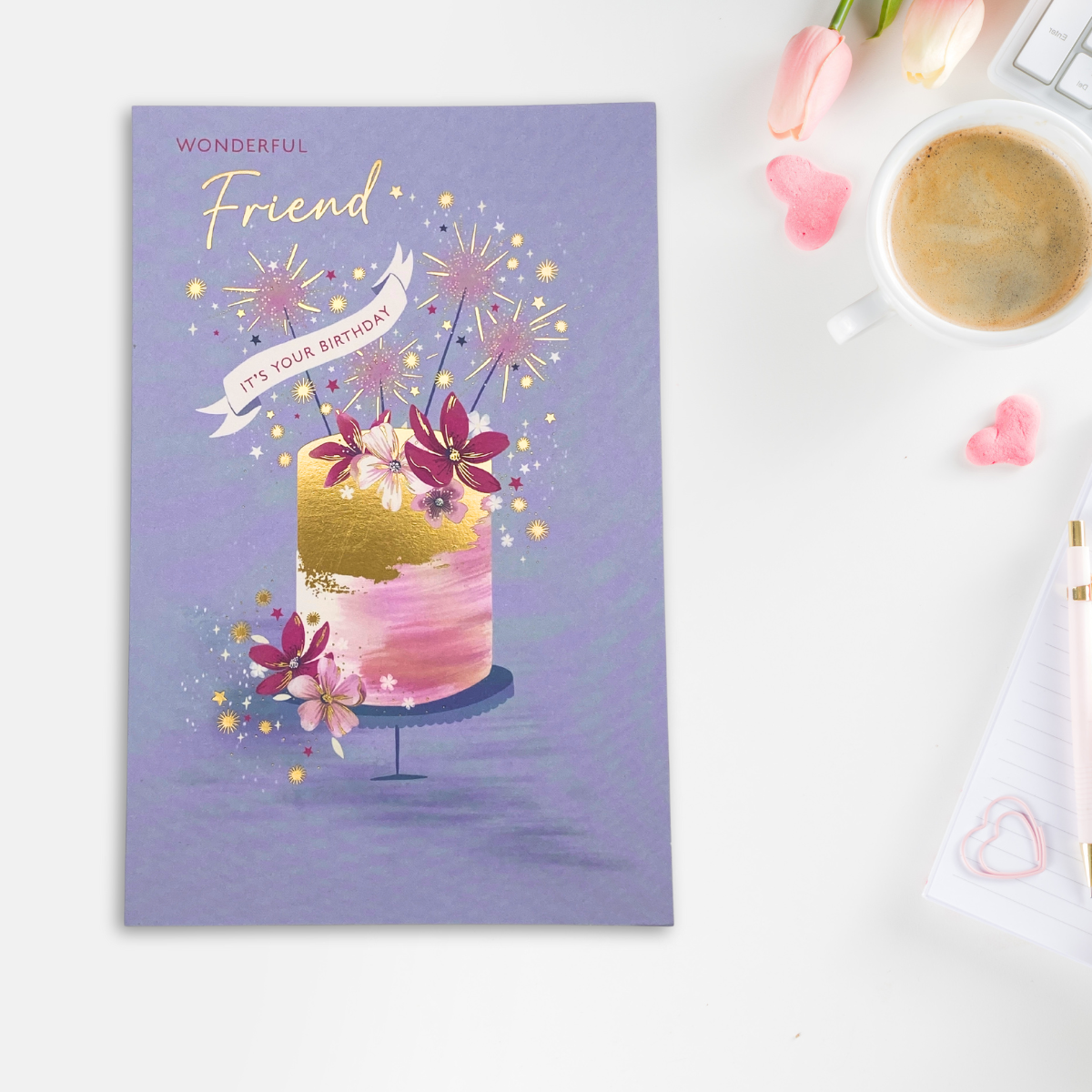 Friend Birthday Card - Gold Foil Floral Cake