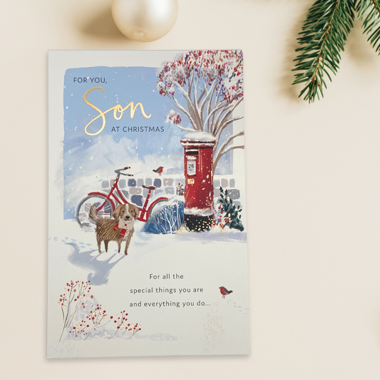 Son Christmas Card - Dog & Postbox