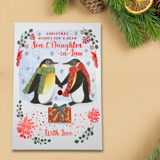 Son & Daughter-In-Law Christmas Card - Penguins & Gift