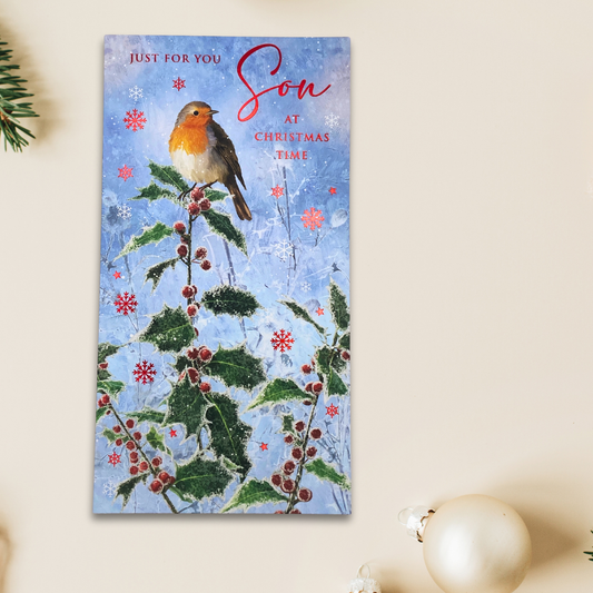 Son Christmas Card - Holly Berries & Robin