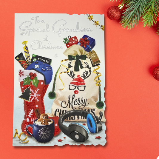 Grandson Christmas Card - Velvet Stocking & Headphones