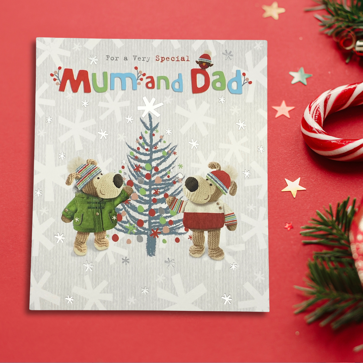 Mum & Dad Christmas Card - Boofle Bear Decorating Tree