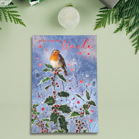 Uncle Christmas Card - Holly Berries & Robin