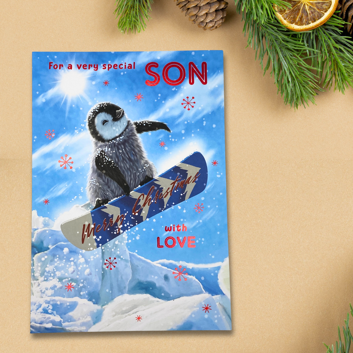 Son Christmas Card - Snowboarding Penguin