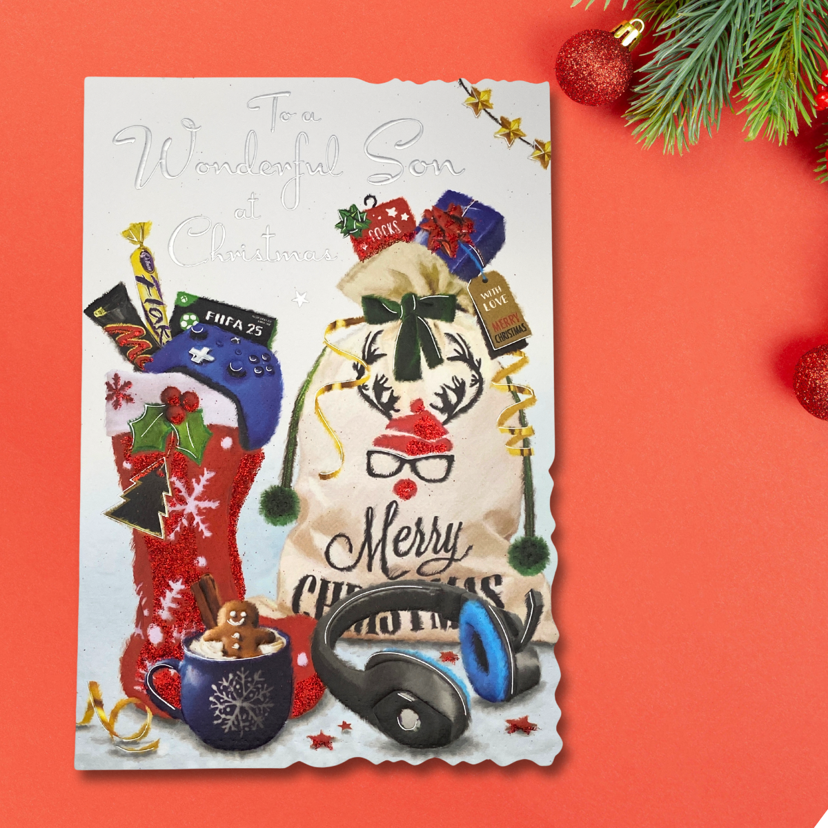 Son Christmas Card - Velvet Stocking & Headphones