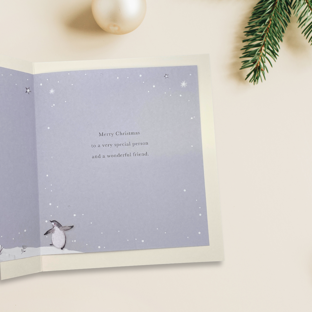 Friend Christmas Card - Snow Globe Penguins