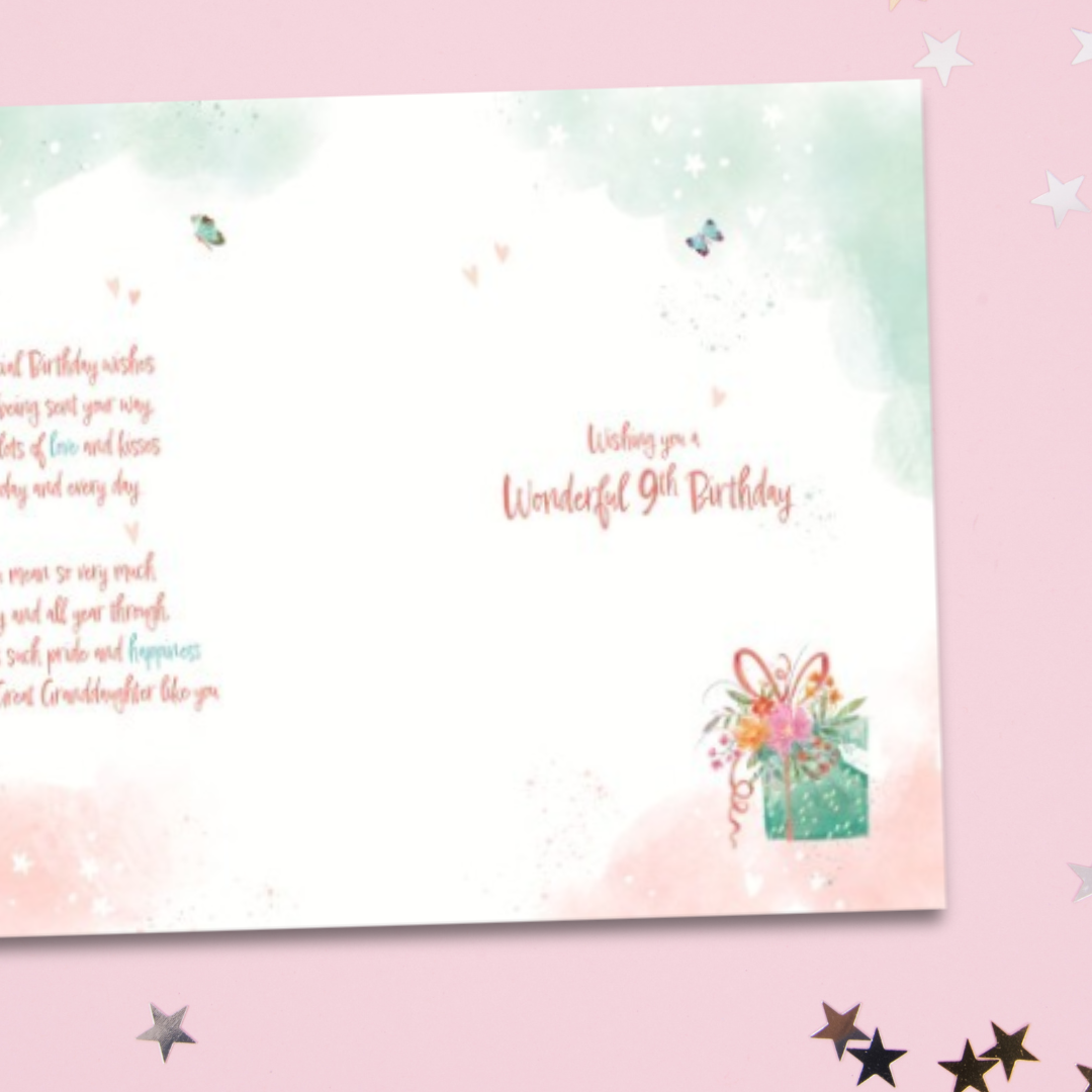 Great Granddaughter 9th Birthday Card - Girl & Gifts