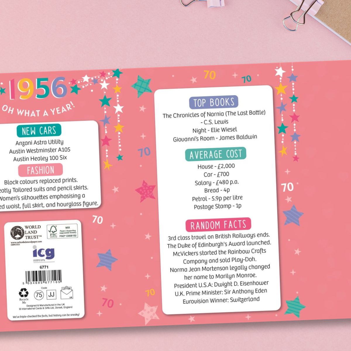 70th Birthday Card - Born In 1956 A Year To Remember Pink