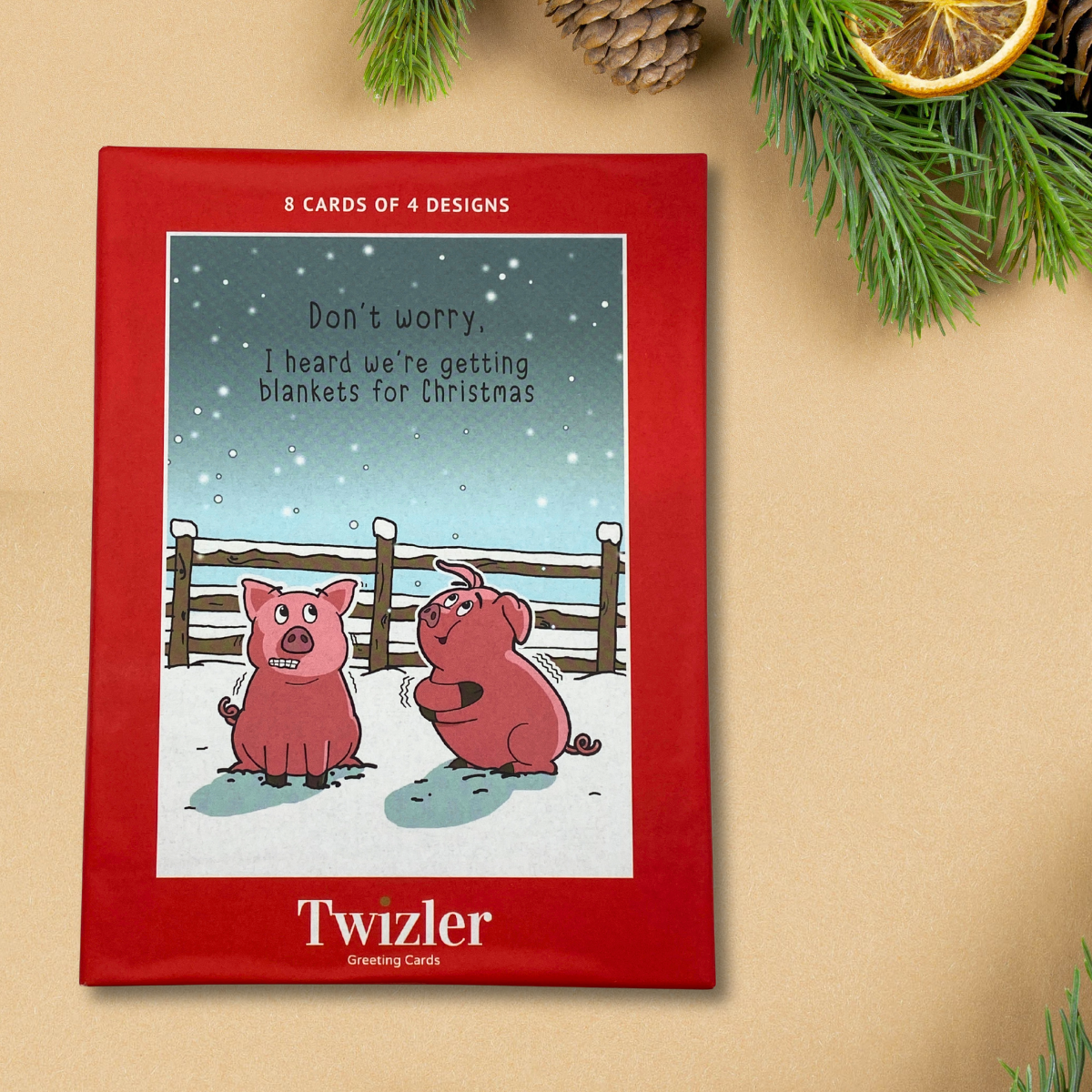8 x Christmas Cards In Box - Twizler Humour 4 Designs Don't Worry