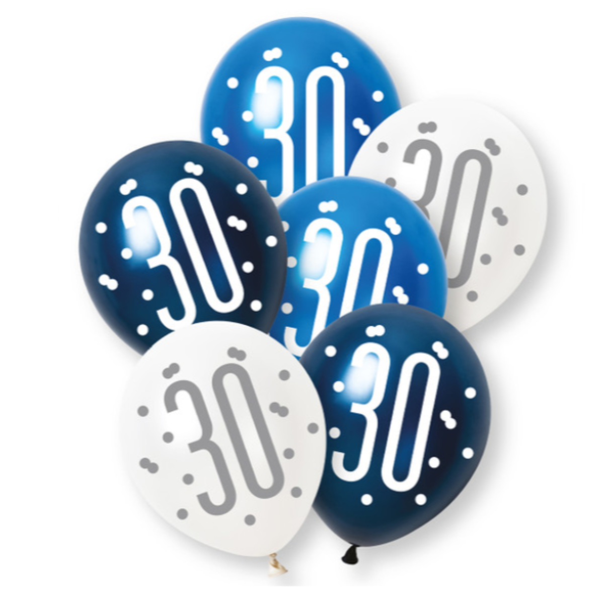 Unique Balloons - 6 x 12" Age 30 Blue & Silver Glitz
