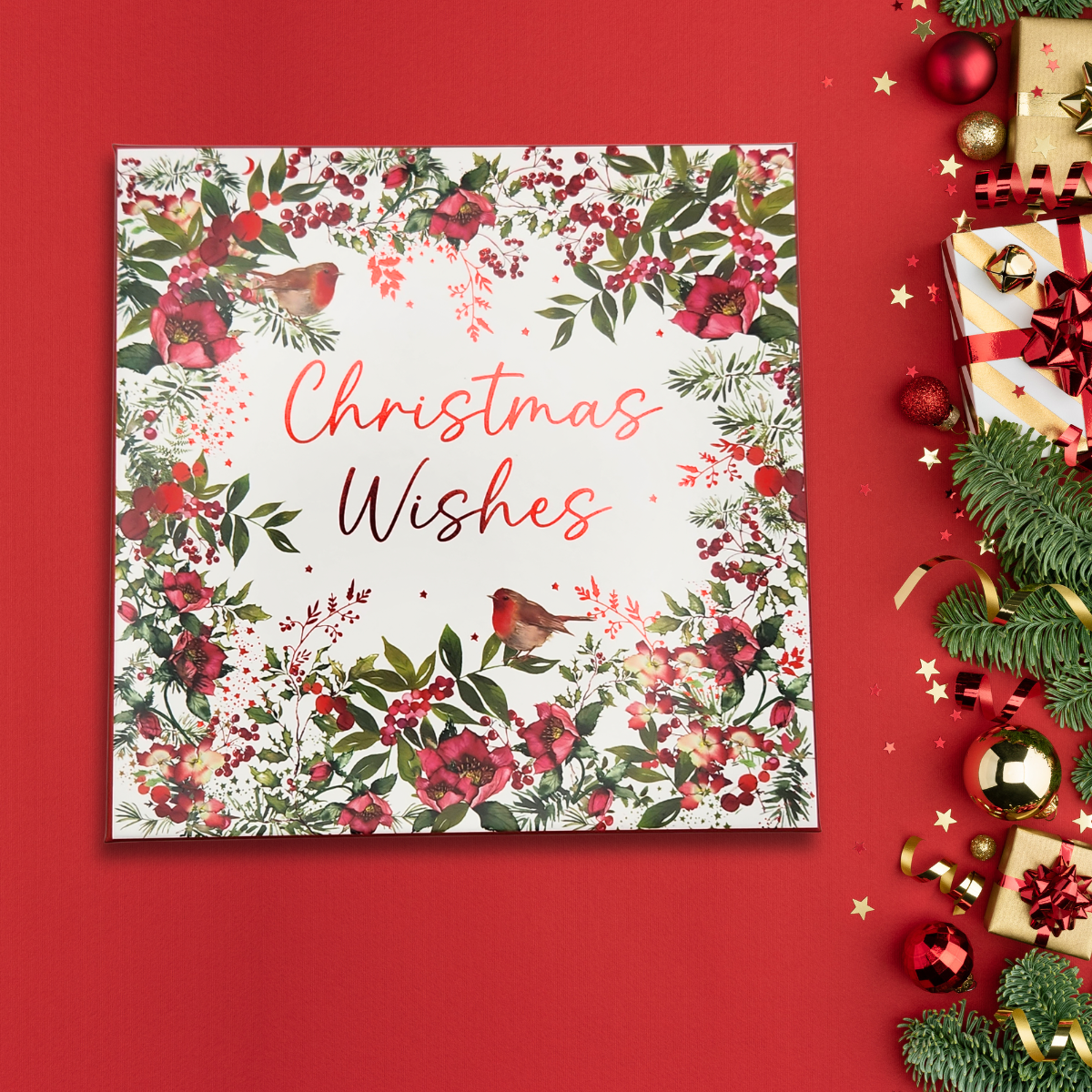 10 x Christmas Cards In Box - Festive Florals Christmas Wishes