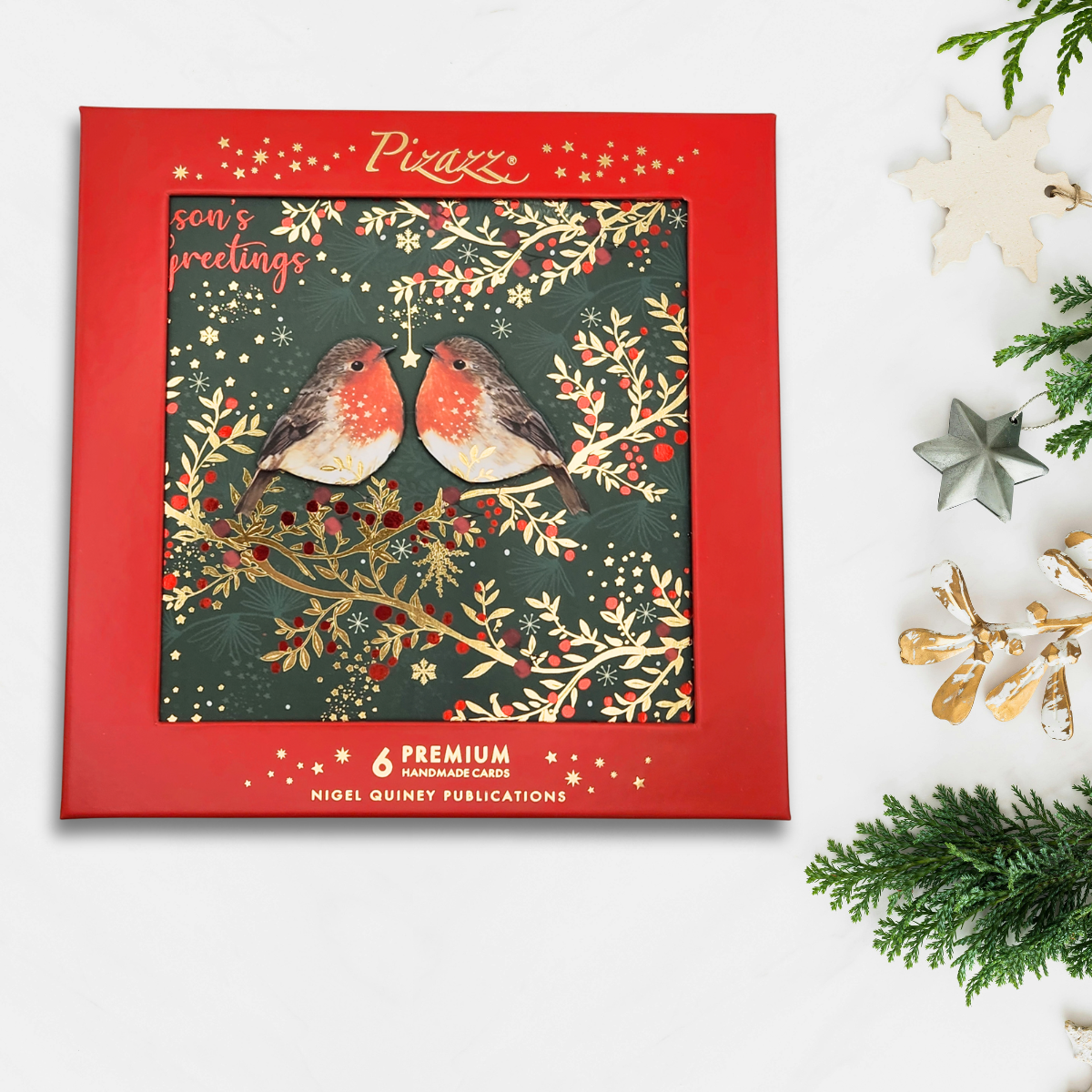 6 x Christmas Cards In Box - Pizazz Premium Handmade Robins & Berries