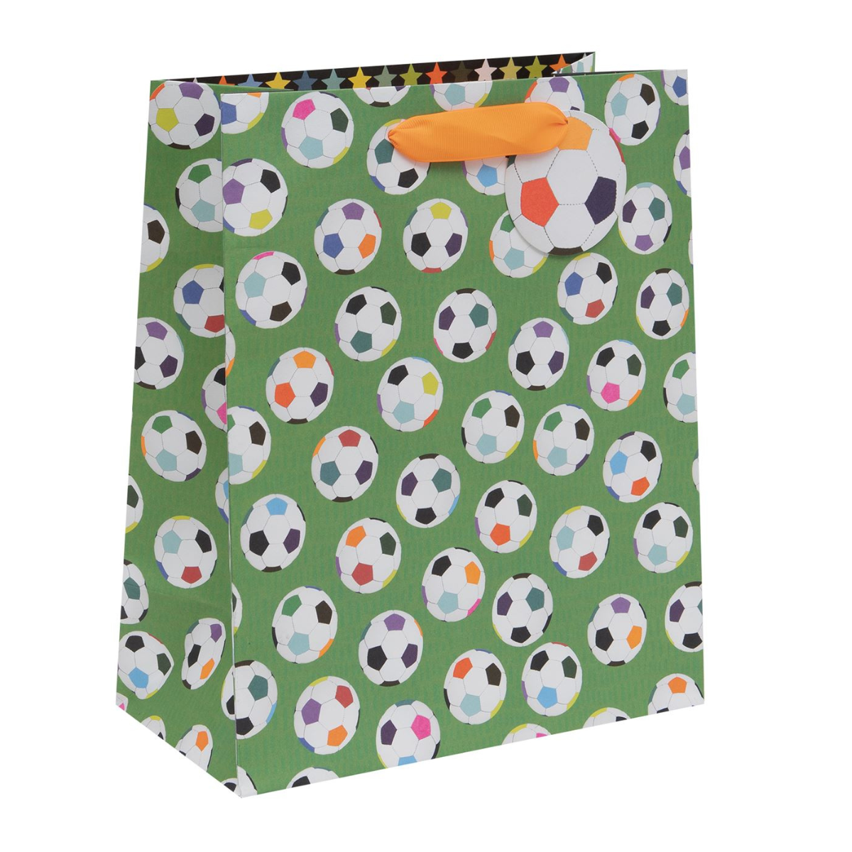 Green bag with multicolour footballs and orange ribbon handles