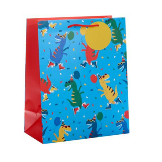 Blue bag with funky dinosaurs in sunglasses