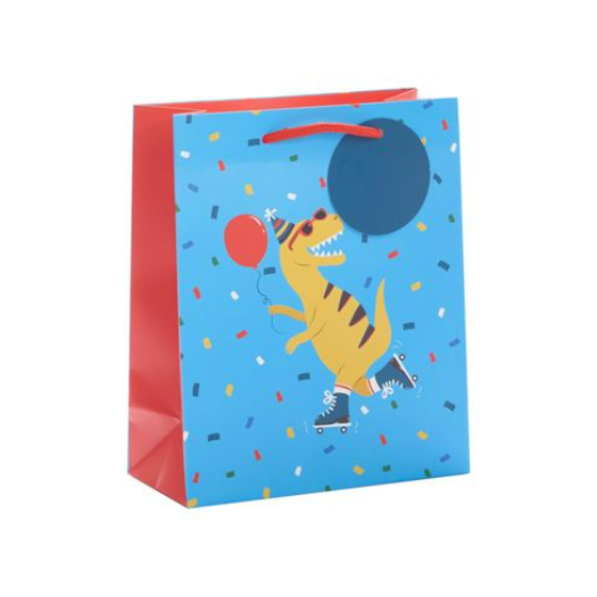 Blue bag with yellow dinosaur in sunglasses and skates