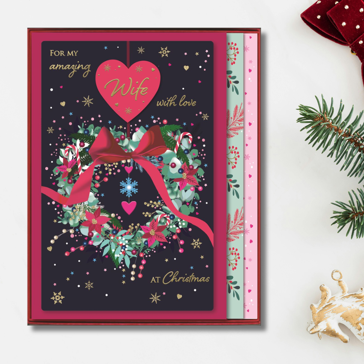 Wife Boxed Christmas Card - Floral Heart Wreath