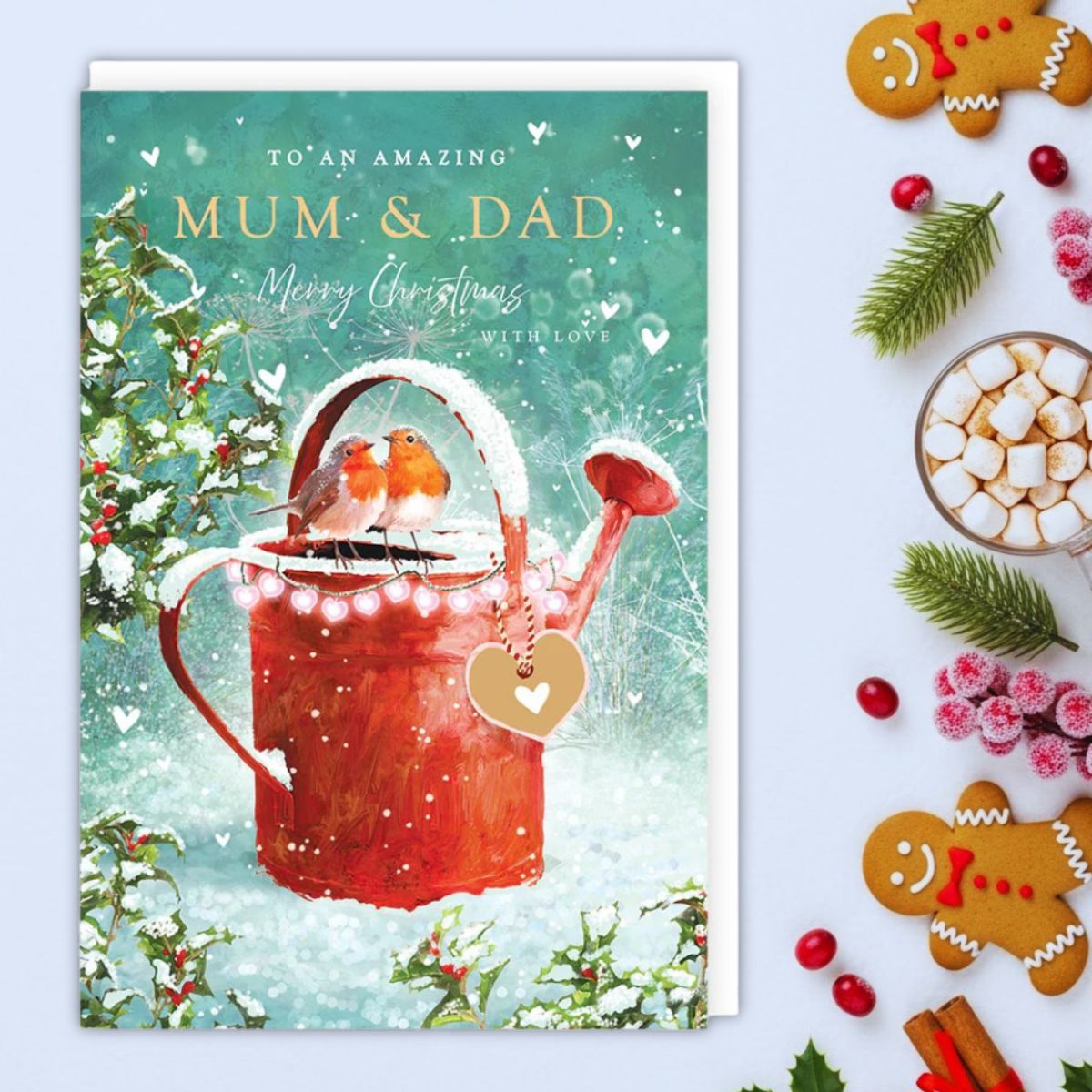 Mum & Dad Christmas Card - Robins On Watering Can