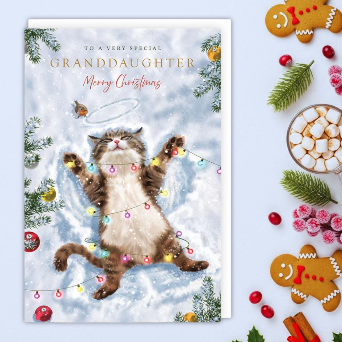 Granddaughter Christmas Card - Kitten & Christmas Lights
