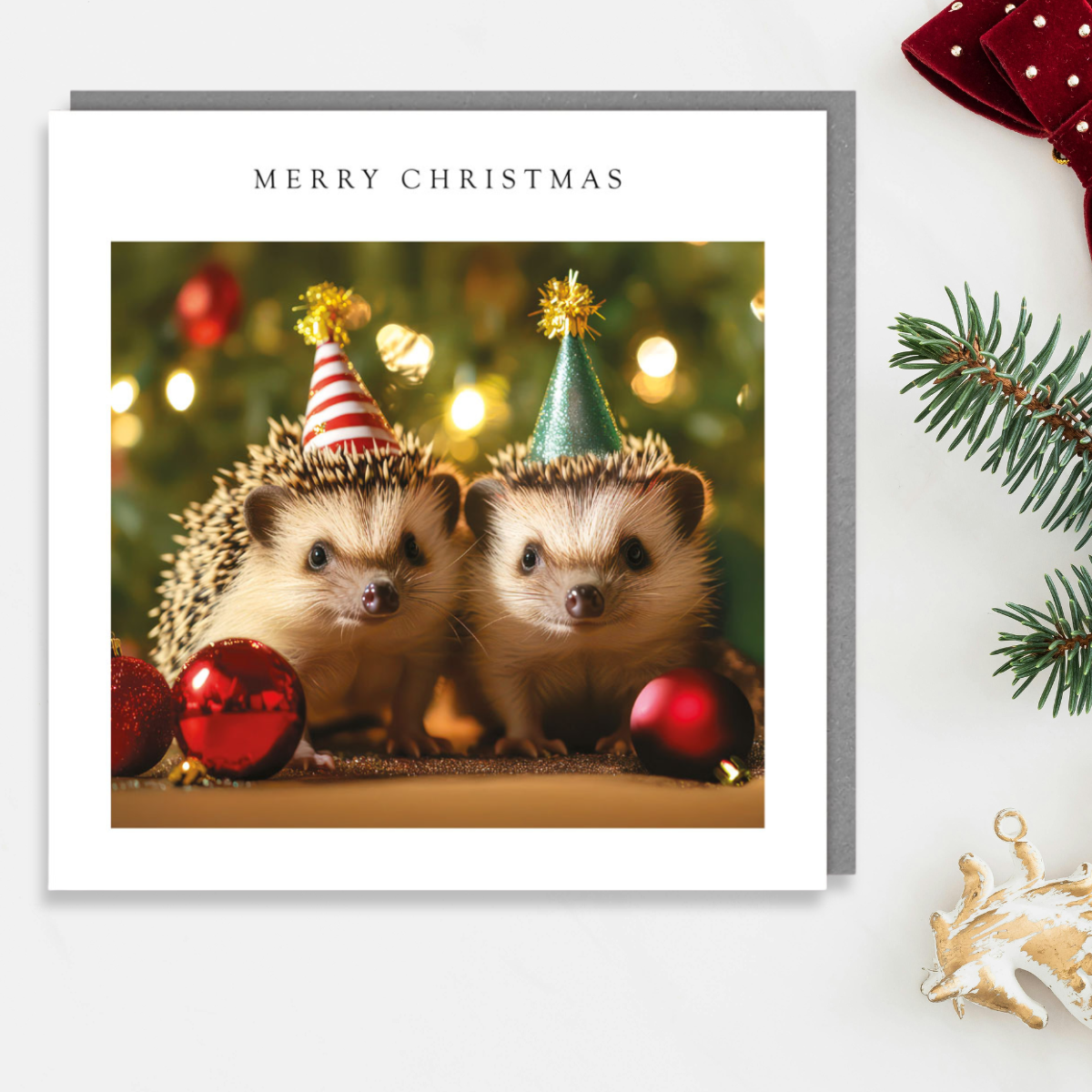 Open Christmas Card - Festive Hedgehogs