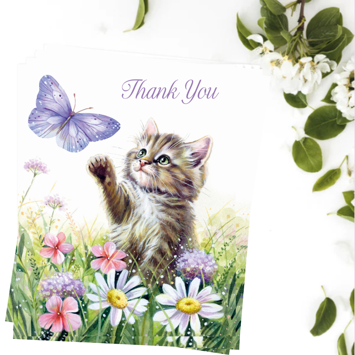 Notelets Thank You - Kitten & Butterfly - Pack of 4