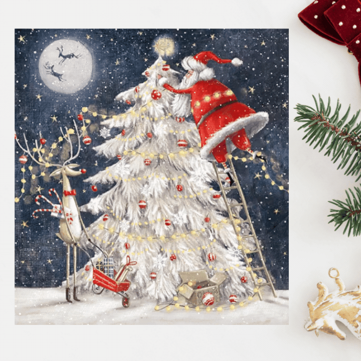 Open Christmas Card - 3D Lenticular Illustrated Santa & Reindeer