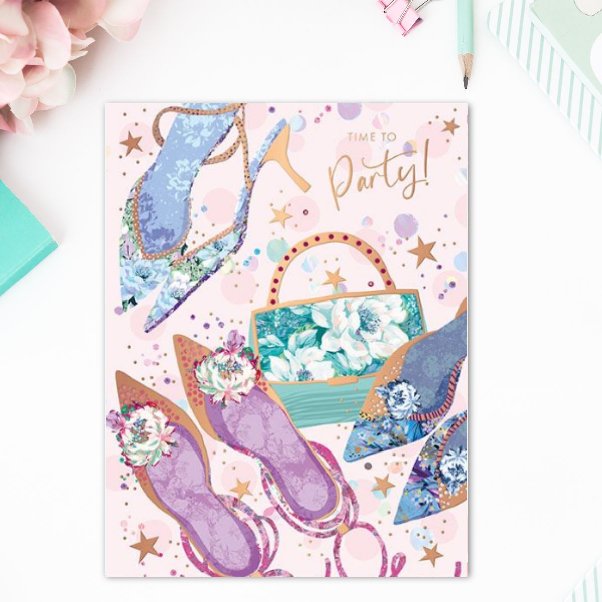 Elderflower Birthday Card - Floral Shoes Time To Party!