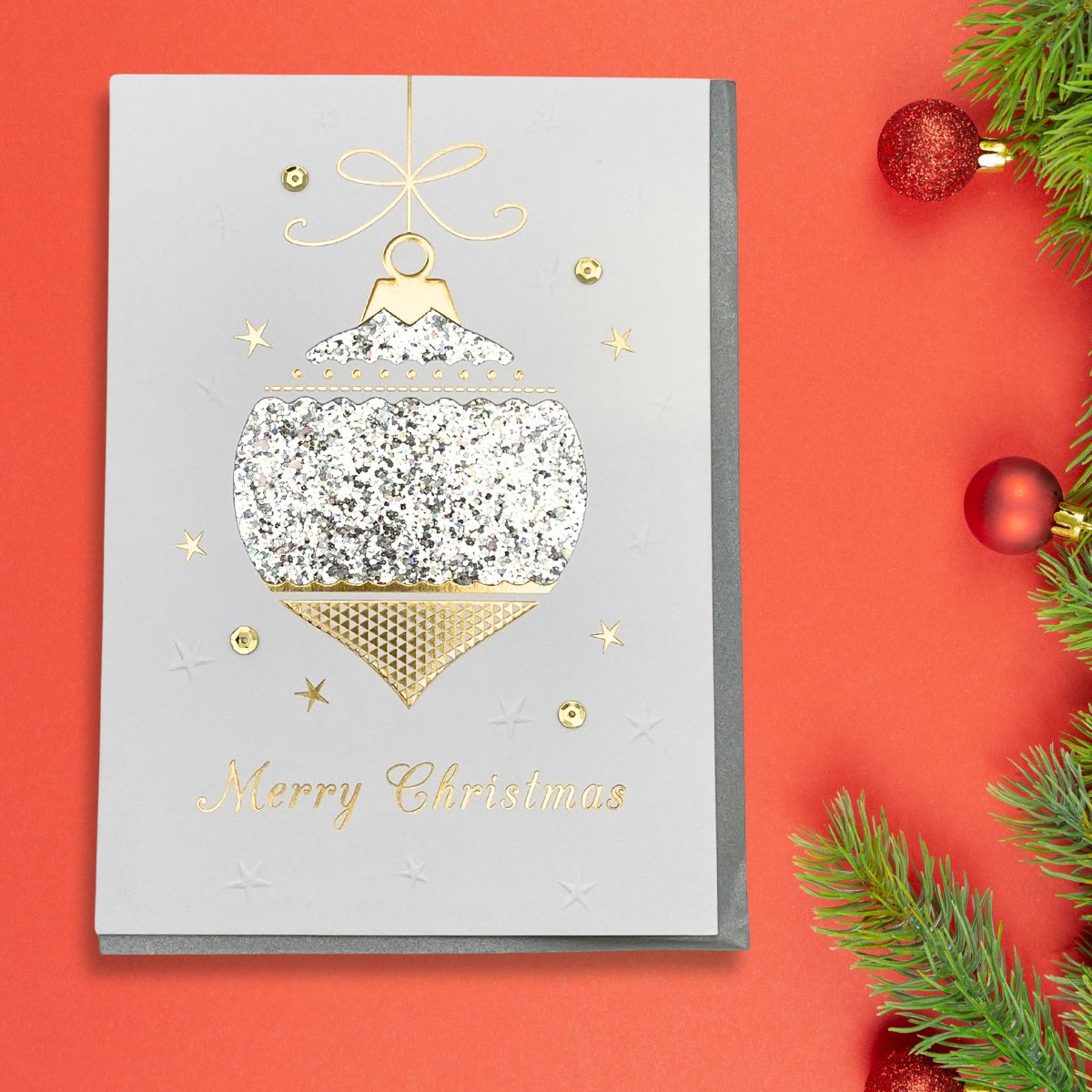 Open Christmas Card - Winter Glow Silver Bauble