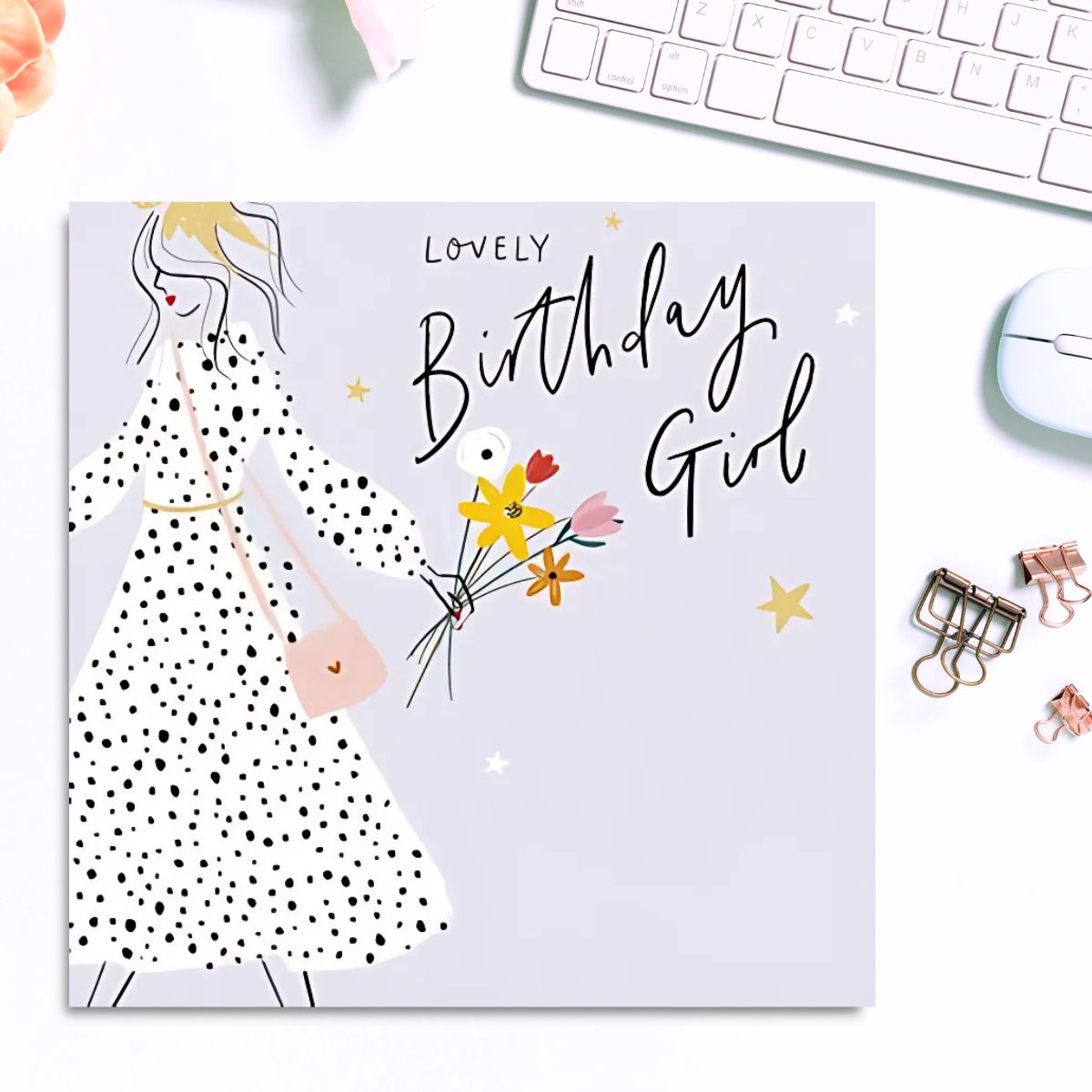 Mimosa Fizz Birthday Card - Birthday Girl Dotty Dress