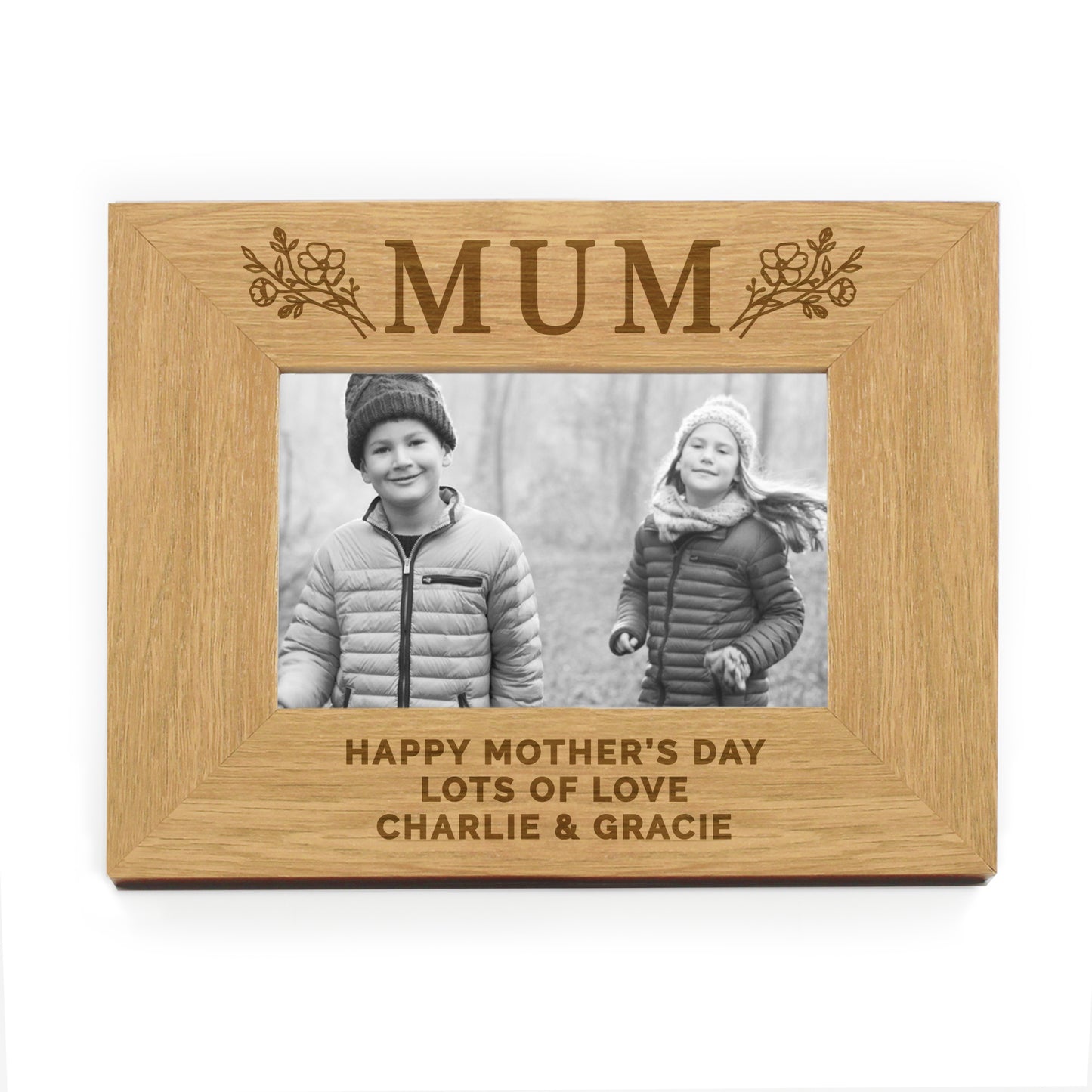 Mum Gift - Personalised Floral Mum 6x4 Oak Finish Photo Frame